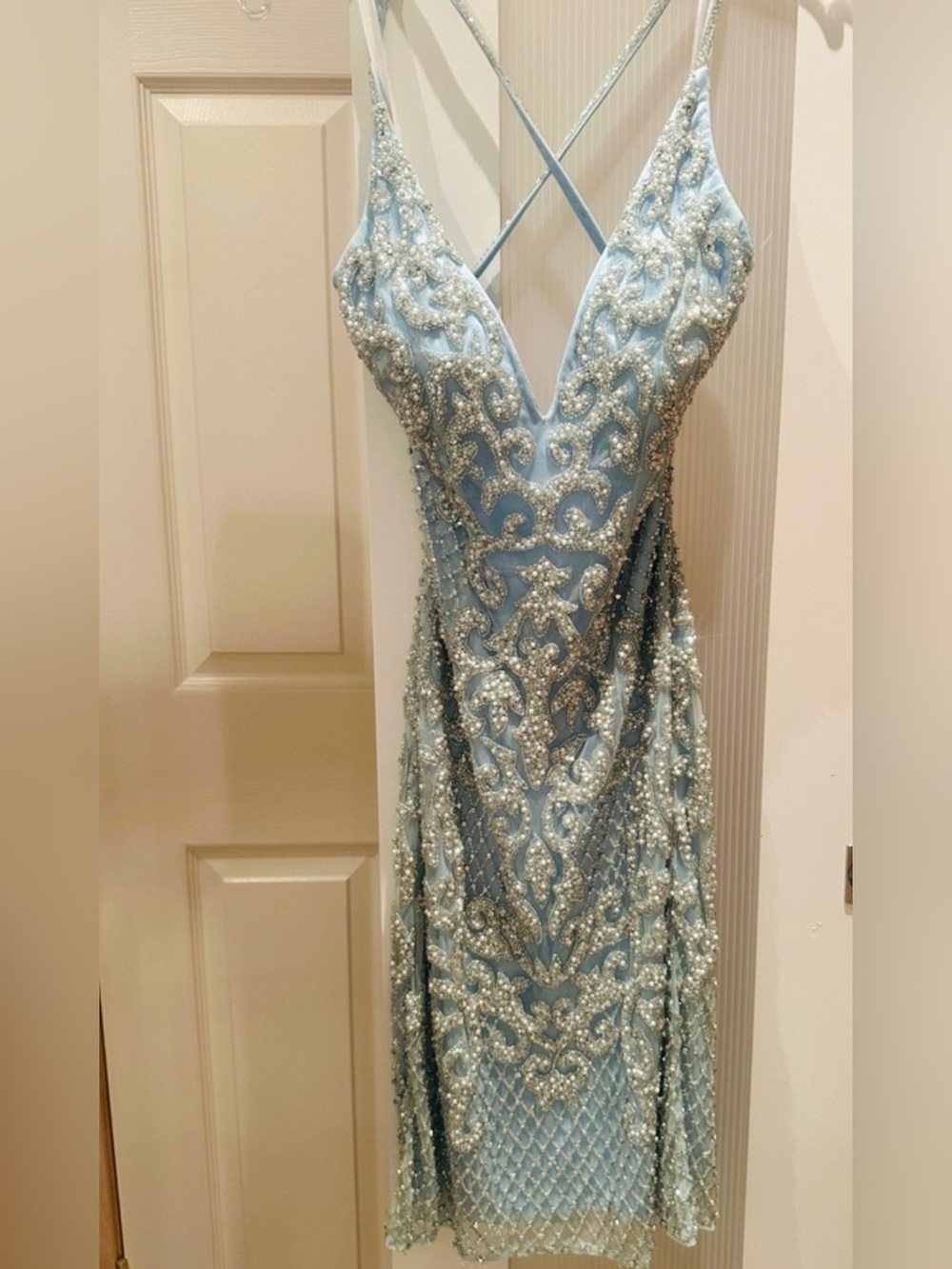 Embellished Light Blue Beaded Evening Dress